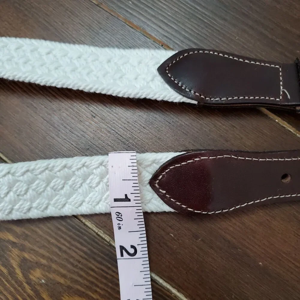 Dockers Belt Womens 32 White Canvass Brown Leather Brass Buckle Woven Braided